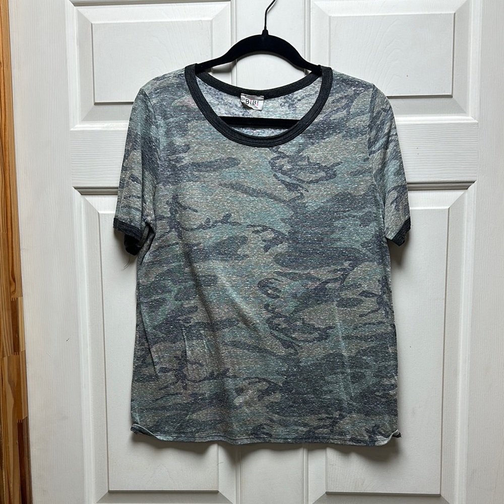 BiBi Camouflage Print Top with Black Trim